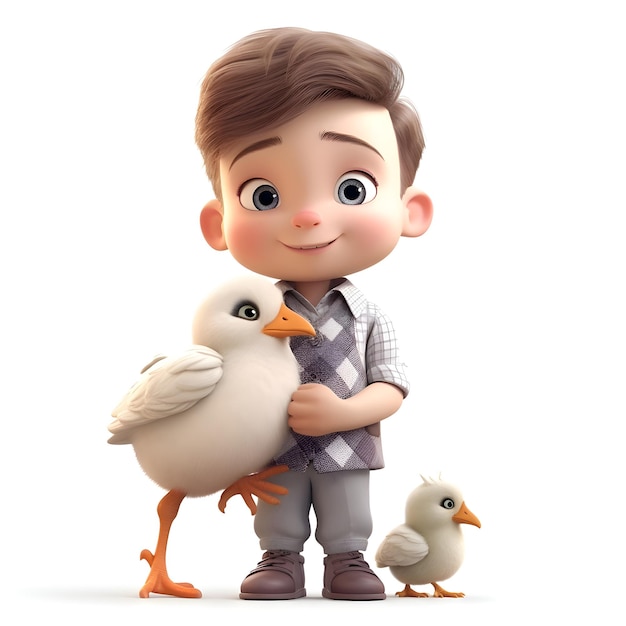 3D-Darstellung eines kleinen Jungen mit Entenküken isoliert auf weißem Hintergrund