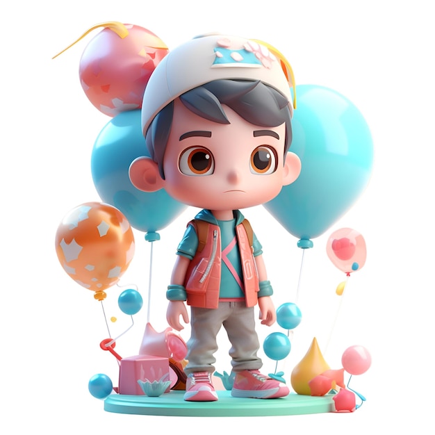 3D-Darstellung eines kleinen Jungen mit Geburtstagstorte und Luftballons