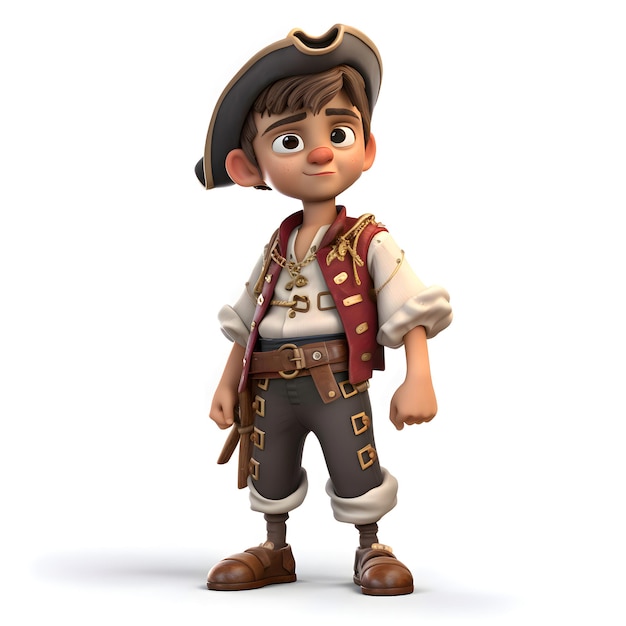3D-Darstellung eines kleinen Jungen mit Piratenkostüm auf weißem Hintergrund