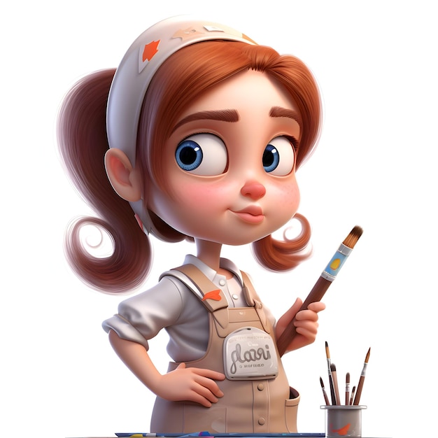 3D-Darstellung eines kleinen Künstlermädchens mit Pinsel auf weißem Hintergrund