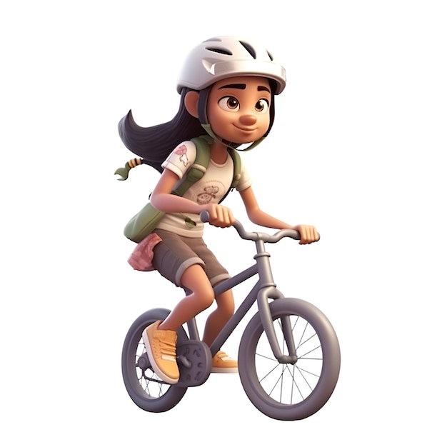 3D-Darstellung eines kleinen Mädchens, das Fahrrad fährt, isoliert auf weißem Hintergrund