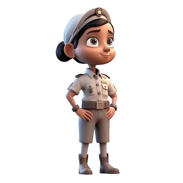 3D-Darstellung eines kleinen Mädchens mit Armeehut auf weißem Hintergrund
