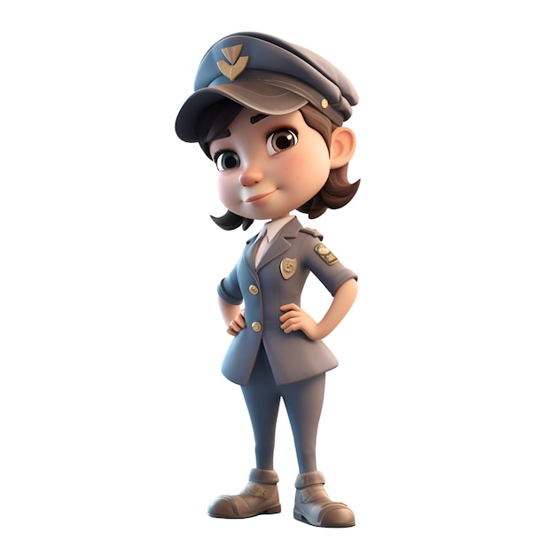 3D-Darstellung eines kleinen Mädchens mit Polizeimütze und blauer Uniform