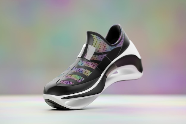 3D-Darstellung eines Konzeptschuhs für den Metaverse Black Sports Boot Sneaker auf einem hohen Plateau