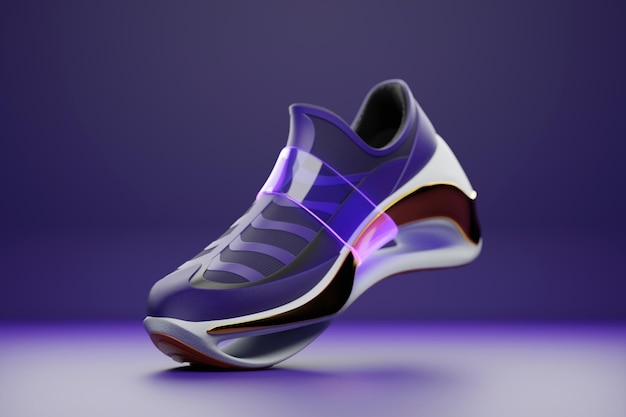 3D-Darstellung eines Konzeptschuhs für den Metaverse Purple Sports Boot Sneaker auf einem hohen Plateau