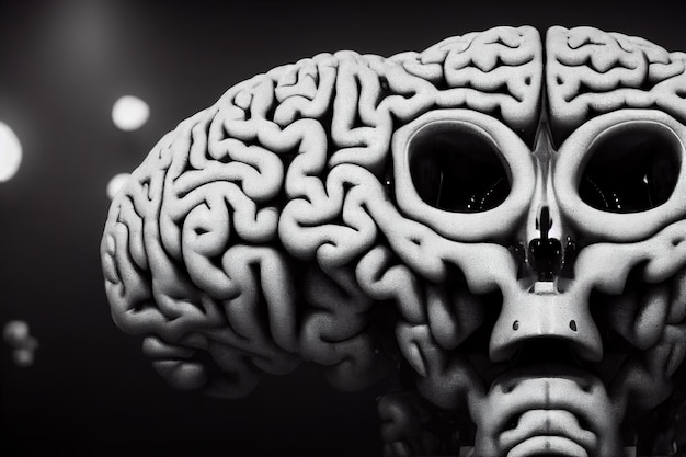 3D-Darstellung eines kybernetischen Robotergehirns mit Gesichtsform