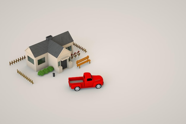 3D-Darstellung eines Landhauses und eines Autos auf weißem Hintergrund. Isometrische Szene
