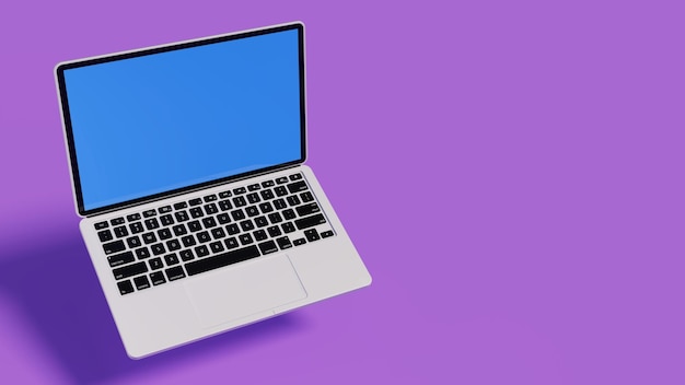 3D-Darstellung eines Laptops in der Luft über einem violetten, blauen Bühnenbildschirm