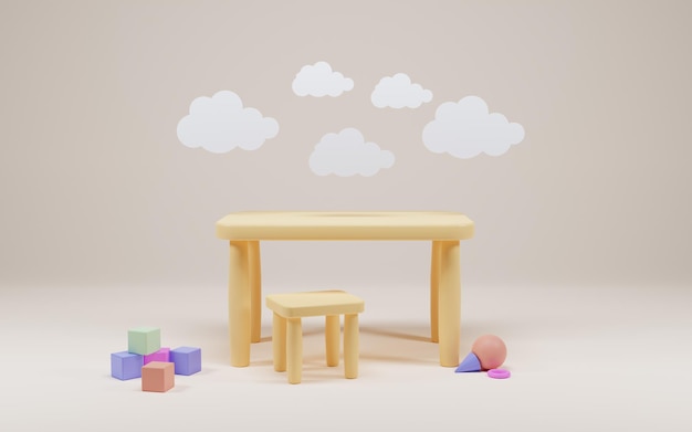 3D-Darstellung eines leeren Kindergartens oder Kinderzimmers mit Möbeln und Spielzeug für kleine Kinder Modernes Spielzimmer-Interieur für lustige Spiele Cartoon-Hintergrund mit Wolken, Schreibtisch und Hochstuhl für Bildung