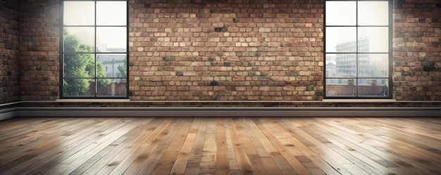3D-Darstellung eines leeren Raums mit einem großen Fenster im Loft-Stil. Holzboden und Ziegelwand in einem modernen Interieur. Heller und geräumiger Raum mit viel natürlichem Licht, perfekt als Kopierraum