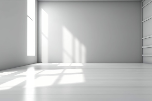 3D-Darstellung eines leeren Raums mit Schatten des Fensters zur Produktpräsentation, weißgrauer Studiohintergrund zur Produktpräsentation