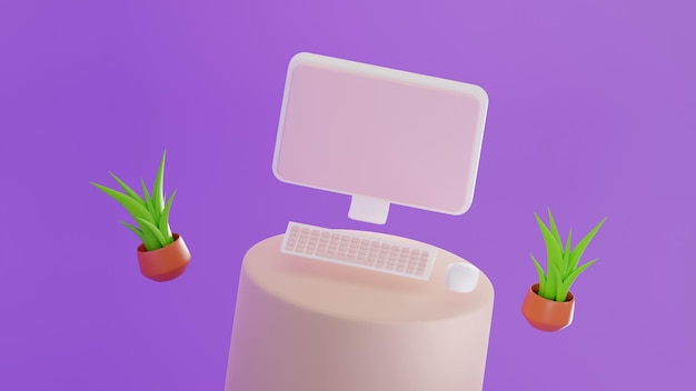 3D-Darstellung eines minimalen Computers auf dem Display für Mockup und Pflanze auf violettem Pastellhintergrund