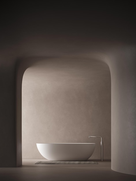 3D-Darstellung eines modernen Badezimmers mit geschwungenen Gipswänden und weißer Badewanne