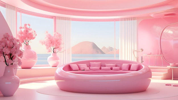 3D-Darstellung eines modernen Barbie-Medienraums mit rosa Sofa und Fernseher