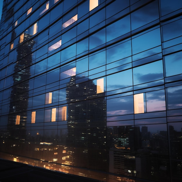 3D-Darstellung eines modernen Bürogebäudes mit Reflexionen auf der GlasoberflächeGenerative KI