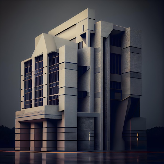 3D-Darstellung eines modernen Gebäudes auf dunklem Hintergrund. Architekturkonzept