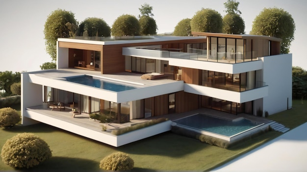 3D-Darstellung eines modernen, gemütlichen Hauses isoliert auf weißem Hintergrund