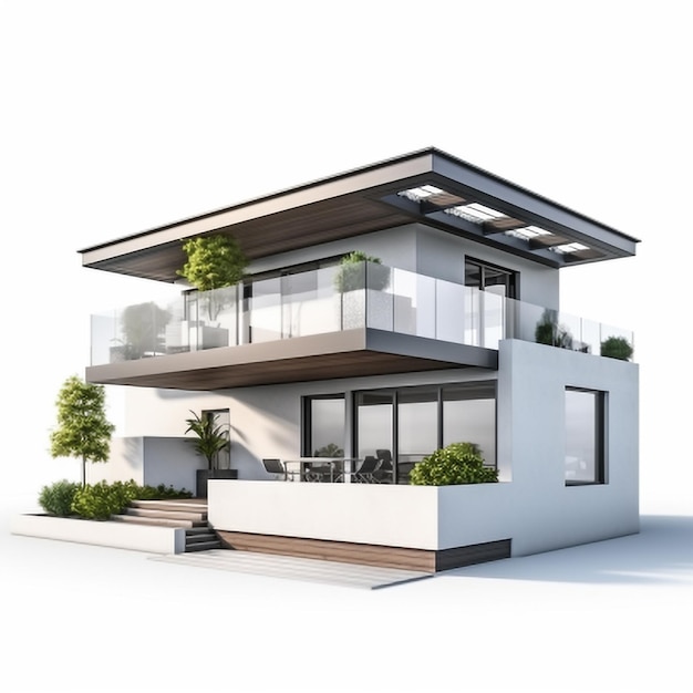 3D-Darstellung eines modernen, gemütlichen Hauses mit Garage und Pool zum Verkauf oder zur Miete