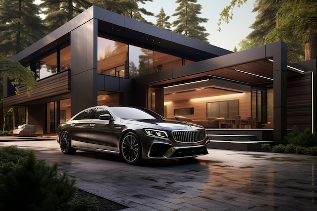 3D-Darstellung eines modernen, luxuriösen Haus-Luxusautos in der Garage