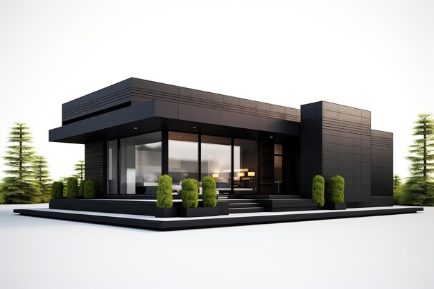 3D-Darstellung eines modernen schwarzen Hauses auf weißem Hintergrund Ai Generated