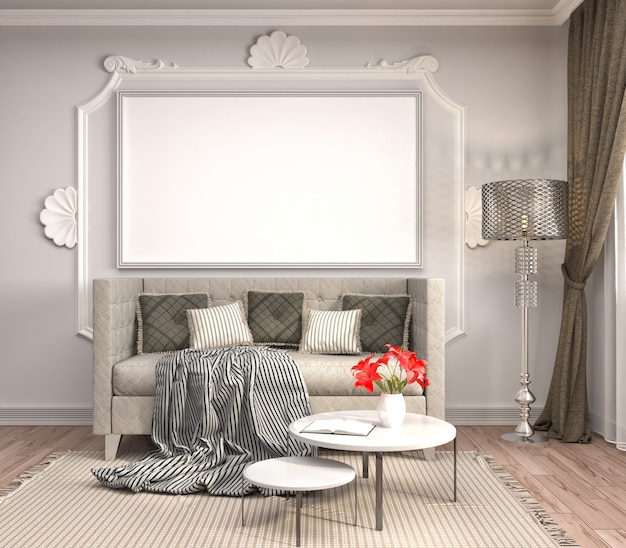 3D-Darstellung eines modernen Wohnzimmers mit einer Couch