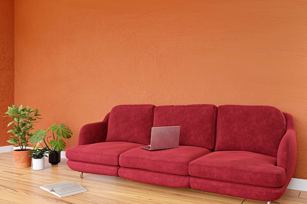 3D-Darstellung eines modernen Wohnzimmers mit rotem Sofa und orangefarbener Wand