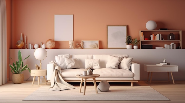 3D-Darstellung eines modernen Wohnzimmers mit weißem Sofa, Schreibtisch in der Wand, generative KI