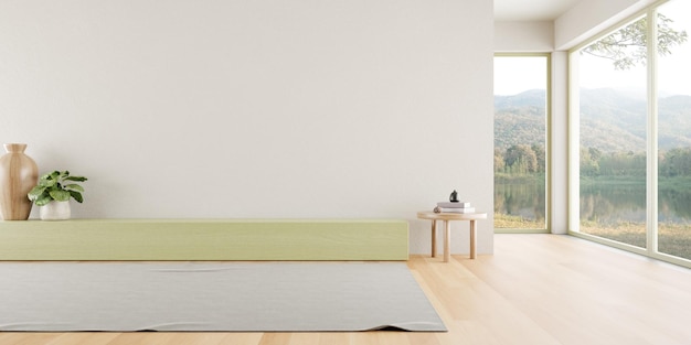 3D-Darstellung eines modernen Wohnzimmers mit weißer, leerer Wand und Holzboden, Naturblickhintergrund