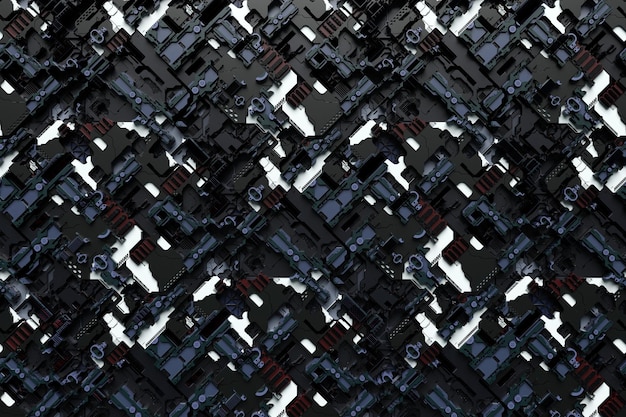 3D-Darstellung eines Musters in Form einer technologischen Metallbeschichtung eines Raumschiffs oder eines Roboters Abstrakte Grafiken im Stil von Computerspielen Nahaufnahme der schwarzen Cyber-Rüstung auf Neonlichtern