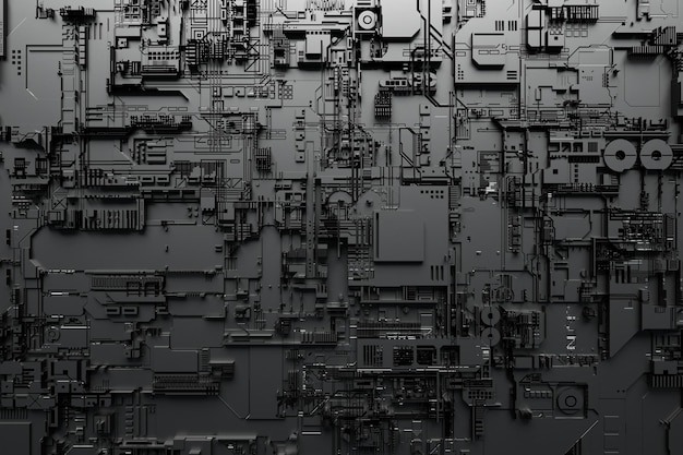 3D-Darstellung eines Musters in Form eines Metalls, technologische Beschichtung eines Raumschiffs oder eines Roboters. Abstrakte Grafiken im Stil von Computerspielen.