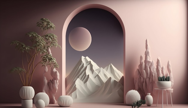 3D-Darstellung eines nächtlichen skandinavischen Zimmers mit weit entfernter Berglandschaft im Hintergrund