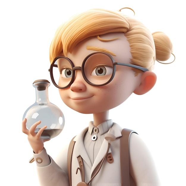 Foto 3d-darstellung eines niedlichen cartoon-wissenschaftlers mit brille, der eine flasche hält