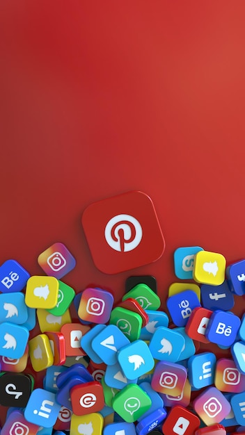 3D-Darstellung eines Pinterest-Abzeichens, umgeben von Abzeichen der wichtigsten sozialen Netzwerke. Vertikaler Schuss.
