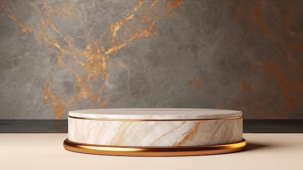 3D-Darstellung eines Podiums aus goldenem Marmor zur Produktpräsentation im modernen, minimalistischen Stil