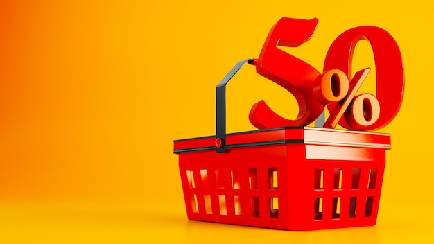 3D-Darstellung eines roten Supermarktkorbs mit rotem 50-Prozent-Angebot auf farbigem Hintergrund