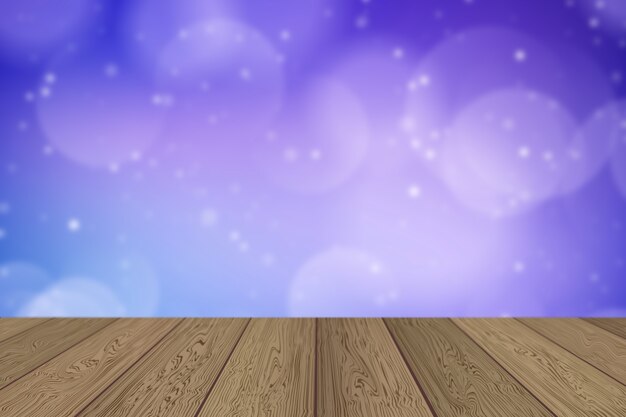 3D-Darstellung eines rustikalen Holztischs auf einem Bokeh-Lichterweihnachtshintergrund
