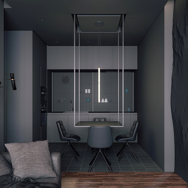 3D-Darstellung eines schönen Interieurs mit dunkelgrauen Wänden