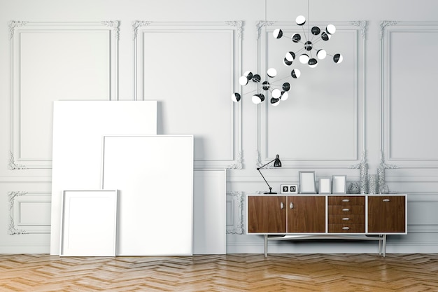 3D-Darstellung eines schönen, sauberen Interieurs mit weißen Wänden und leeren Rahmen