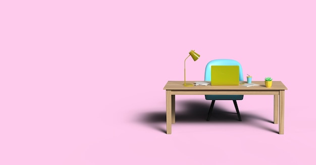 3D-Darstellung eines Schreibtisches mit einem Laptop-Lampenpapier und Telefon Büroarbeitskonzept