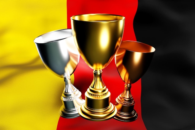 3D-Darstellung eines Siegerpokals aus Gold, Silber und Bronze auf dem Hintergrund der Nationalflagge Deutschlands 3D-Visualisierung einer Auszeichnung für sportliche Leistungen