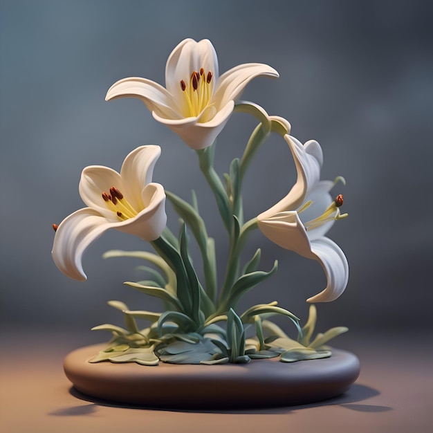 3D-Darstellung eines Straußes weißer Lilien auf dunklem Hintergrund