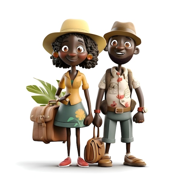 3D-Darstellung eines süßen afrikanischen Paares mit Gepäck