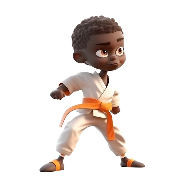 3D-Darstellung eines süßen afroamerikanischen Karate-Jungen