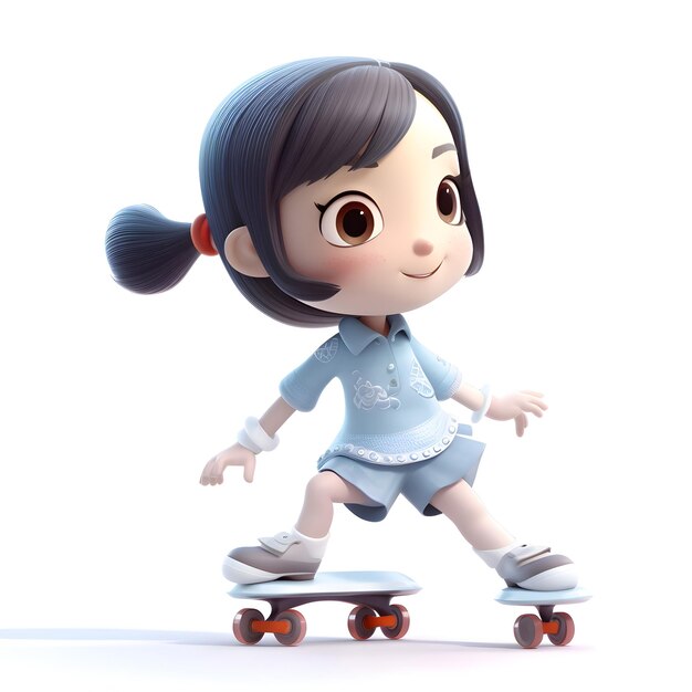 3D-Darstellung eines süßen asiatischen Mädchens, das auf einem Skateboard fährt