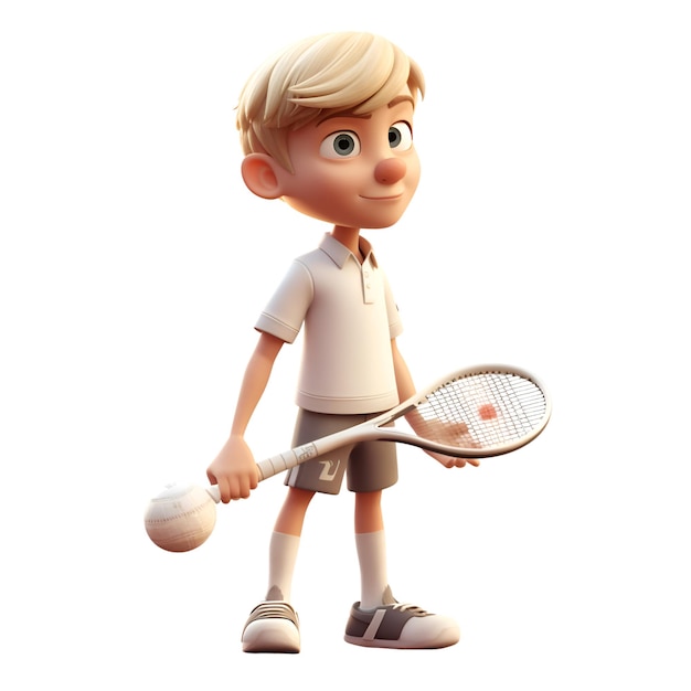 3D-Darstellung eines süßen kleinen Jungen, der isoliert auf weißem Hintergrund Tennis spielt