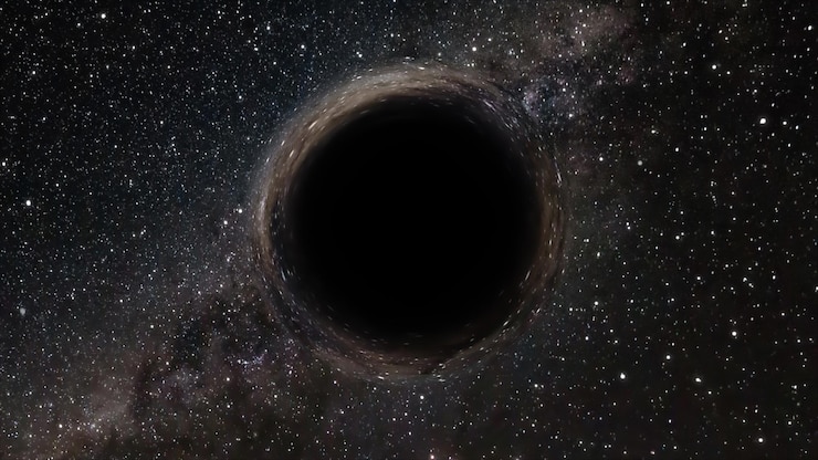 Foto 3d-darstellung eines supermassereichen schwarzen lochs vor einem sternenhimmel