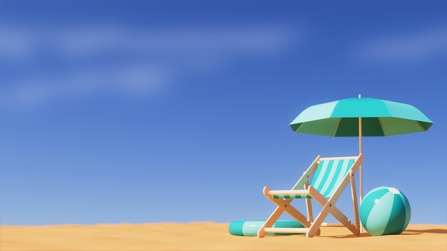 3D-Darstellung eines Tages am Strand mit Sonnenschirm, Stuhlball und Float-Rest-Thema