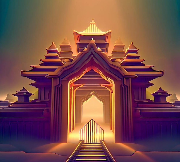 3D-Darstellung eines Tempels mit einem Tor in der Mitte