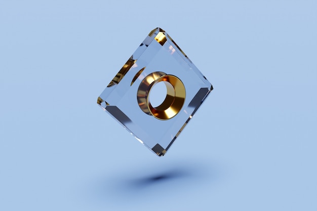 3D-Darstellung eines transparenten Würfels mit rundem Loch auf blauem isoliertem Hintergrund. Cyber-Form in der virtuellen Realität. Futuristische Figur