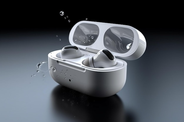 3D-Darstellung eines weißen Kopfhörers auf schwarzem Hintergrund mit Wassertropfen